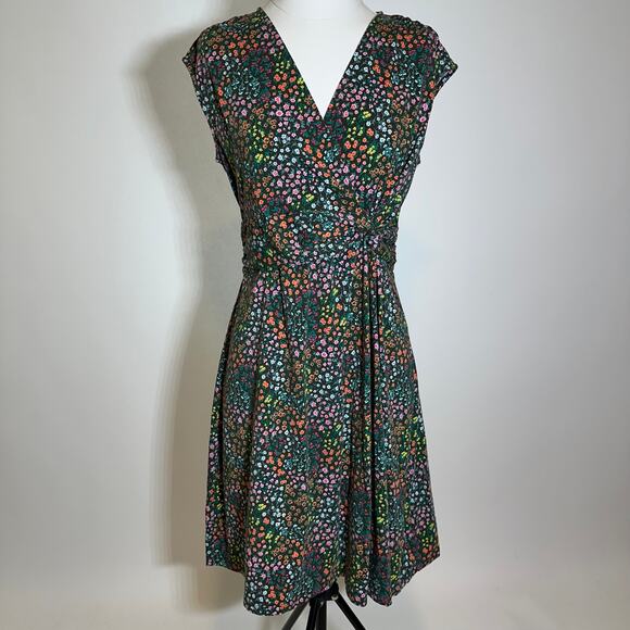 Lands End Multicolor Micro Floral Cap Sleeve Faux Wrap Dress Womens Medium 10-12 - Picture 1 of 12